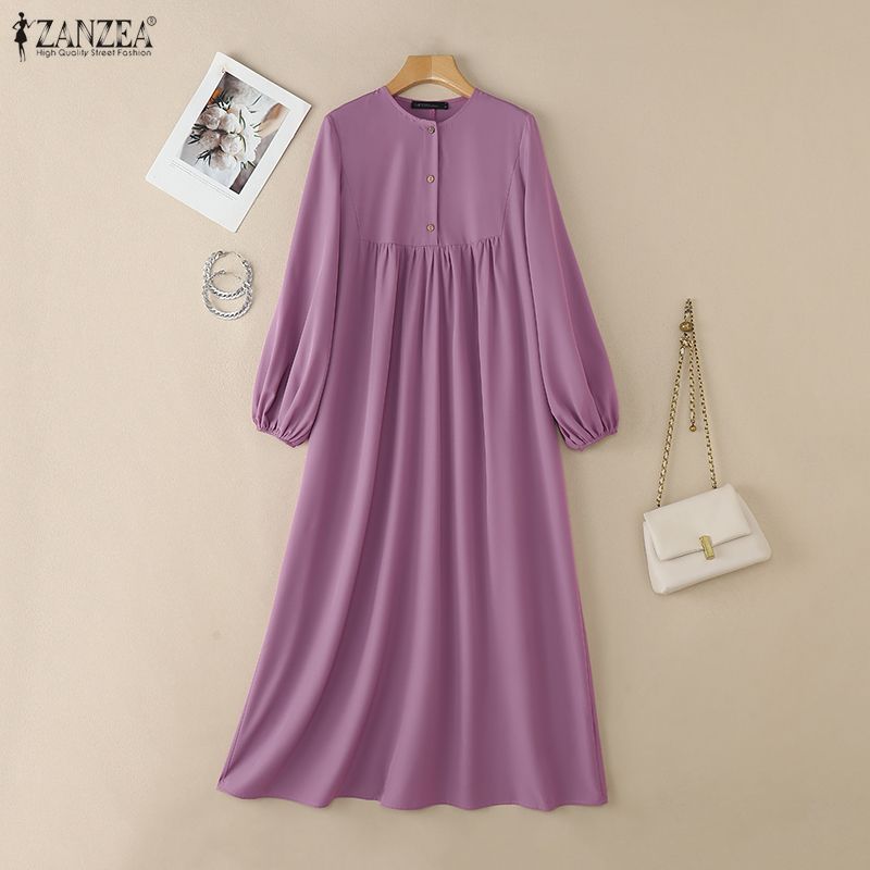 ZANZEA Women Casual Round Neck Solid Color Loose Long Sleeve Dress