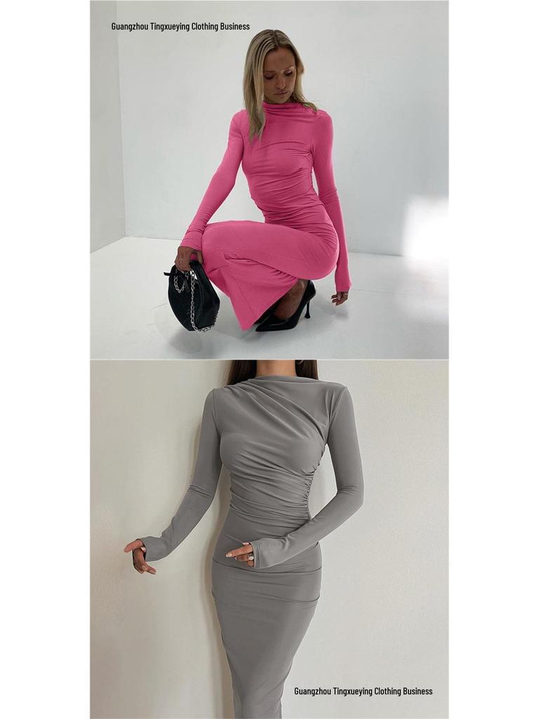European Style Elegant Round Neck Long Sleeve Slim Fit Bodycon Dress