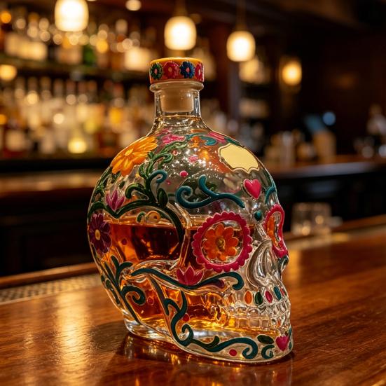 Yousheng Gotische Schedel Karaffen, Handgeschilderde Glazen Likeur Fles met Bloemenpatroon, 3D Gebeeldhouwde Wijn Dispenser voor Home Bar, Halloween Decoratie
