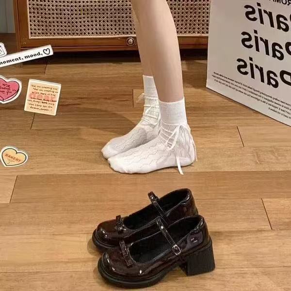 Leather Leather Spring New College Style Coarse Heel Mary Jane Solid Color Bow Wedding Shoes JK Single Shoes Round Head Small Leather Shoes