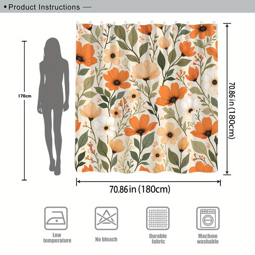 1 Cortina de chuveiro floral vintage com flores macias em tons de laranja, branco e bege e folhas verdes, fundo bege claro, poliéster