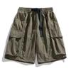 Shorts Cargo Pretos Design de Bolso Cinto Roxo Ajustável Tecido Leve Casual Solto Cintura Elástica