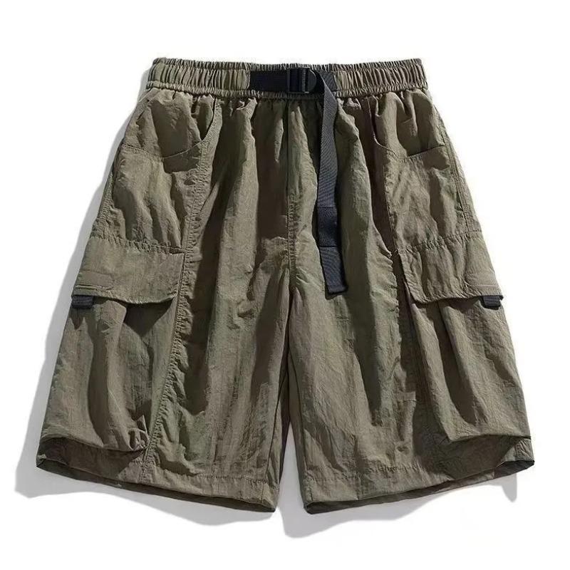 Black Cargo Shorts Pocket Design Adjustable Purple Belt Lightweight Fabric Casual Loose Elastic Waist