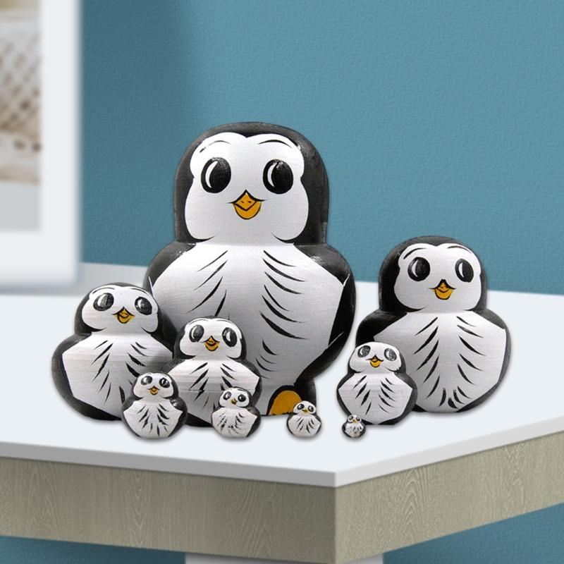 Matryoshka Russian Nesting Doll Set of 10 Handcrafted Wood Figurines Decors Penguins Craft for Display Dolls