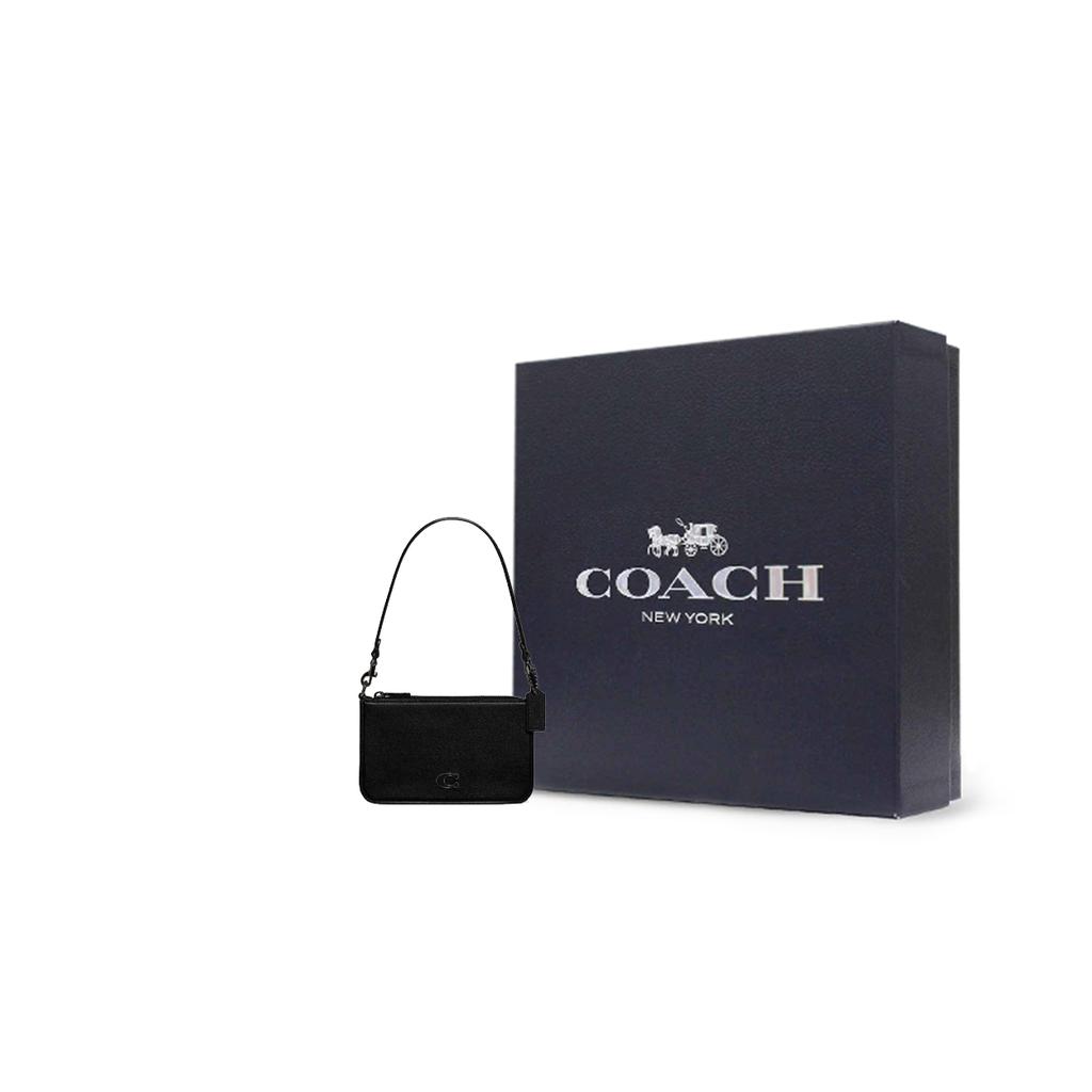 New COACH Pouch Cross Grain Leather With Canvas Clutch Handbag, Shoulder Bag Trumpets Women's Black CJ797-BLK