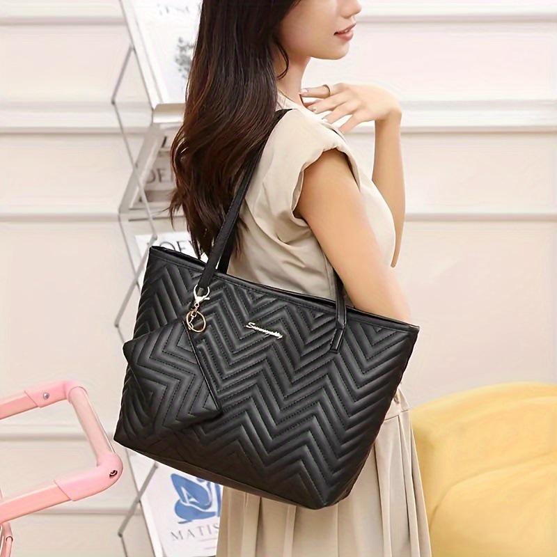 Women's Wavy Quilted Embroidered Tote Bag Set – 2024 Single Shoulder Large Bag