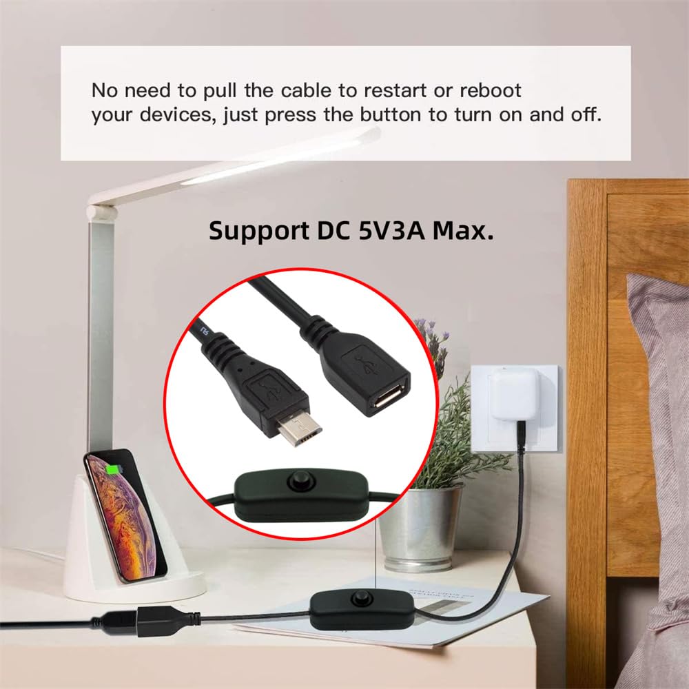 cablecc Micro USB Switch Cable with Power Switch Micro Male to DC for Desk Lamps and Fan Cameras 2.0 On/Off Button, 5-Pin Female, 5V,