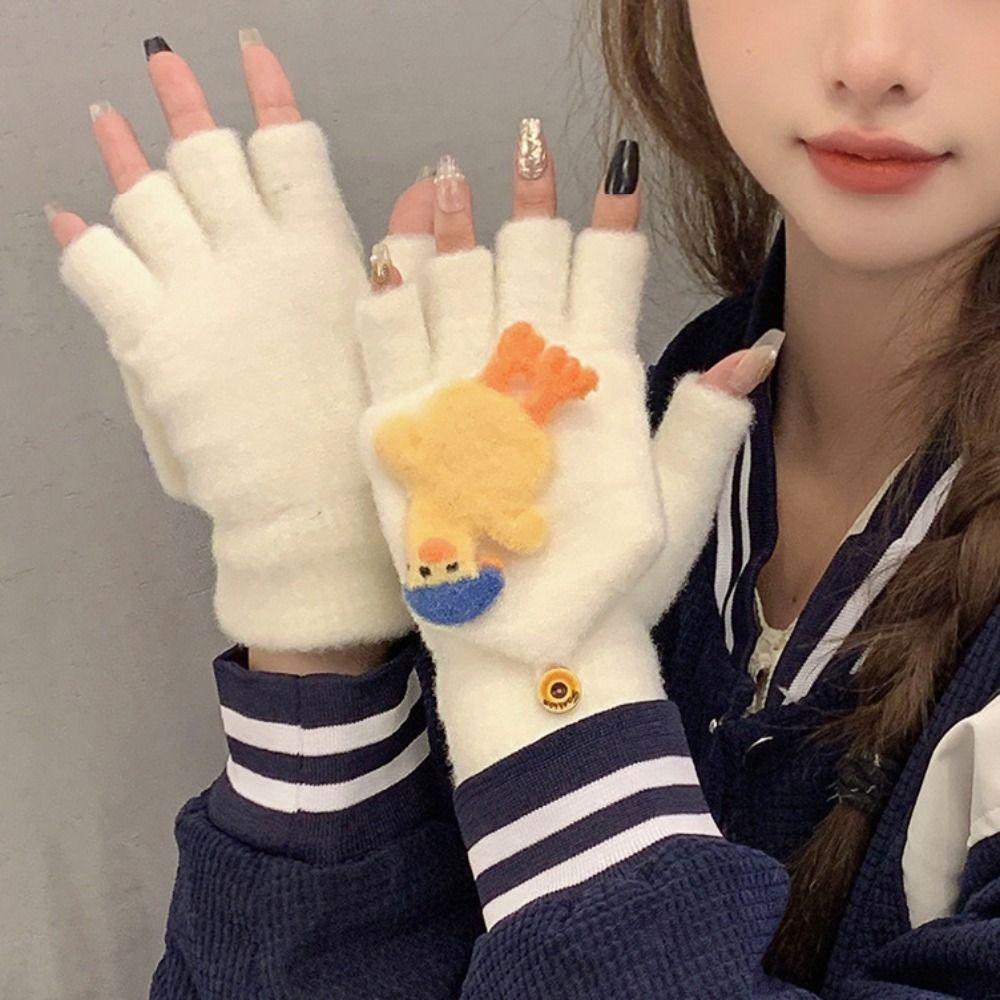 Cartoon Half Finger Gloves Winter Mittens Cute Flip Plush Gloves Winter