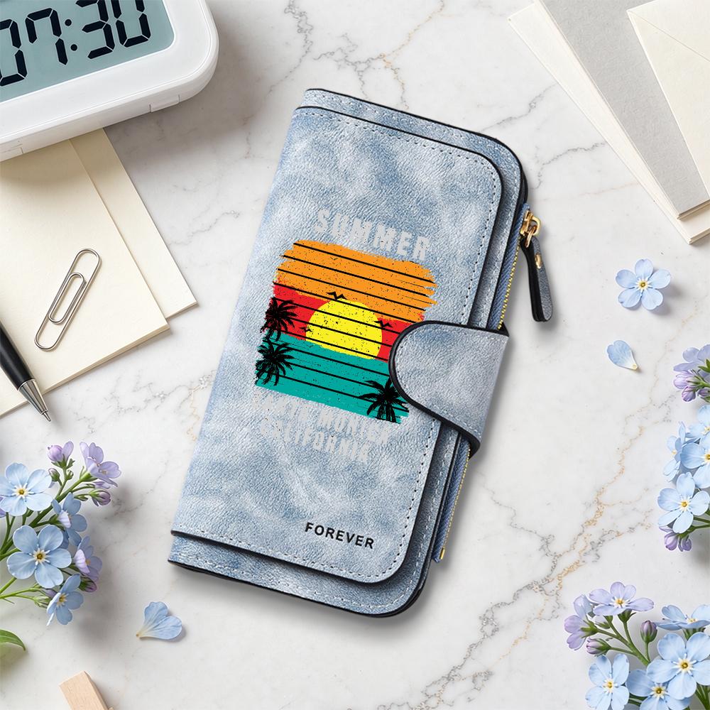 Women Retro Summer Sunset Pattern Long Wallet Large Capacity Card Holder Purse