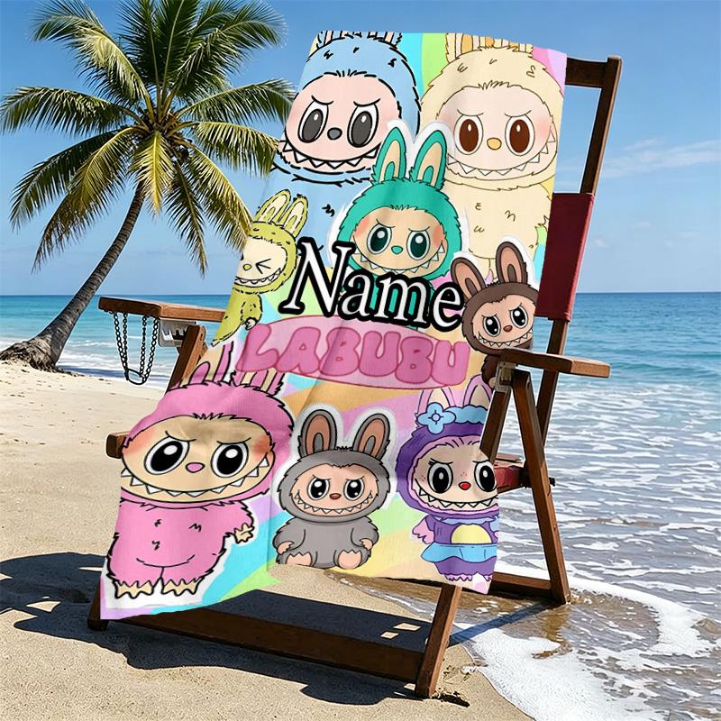 Custom Name Personalized Labubu Print Beach Towel, for Trip Camping Beach Party Home Decor, Birthday Gift for Family & Friends