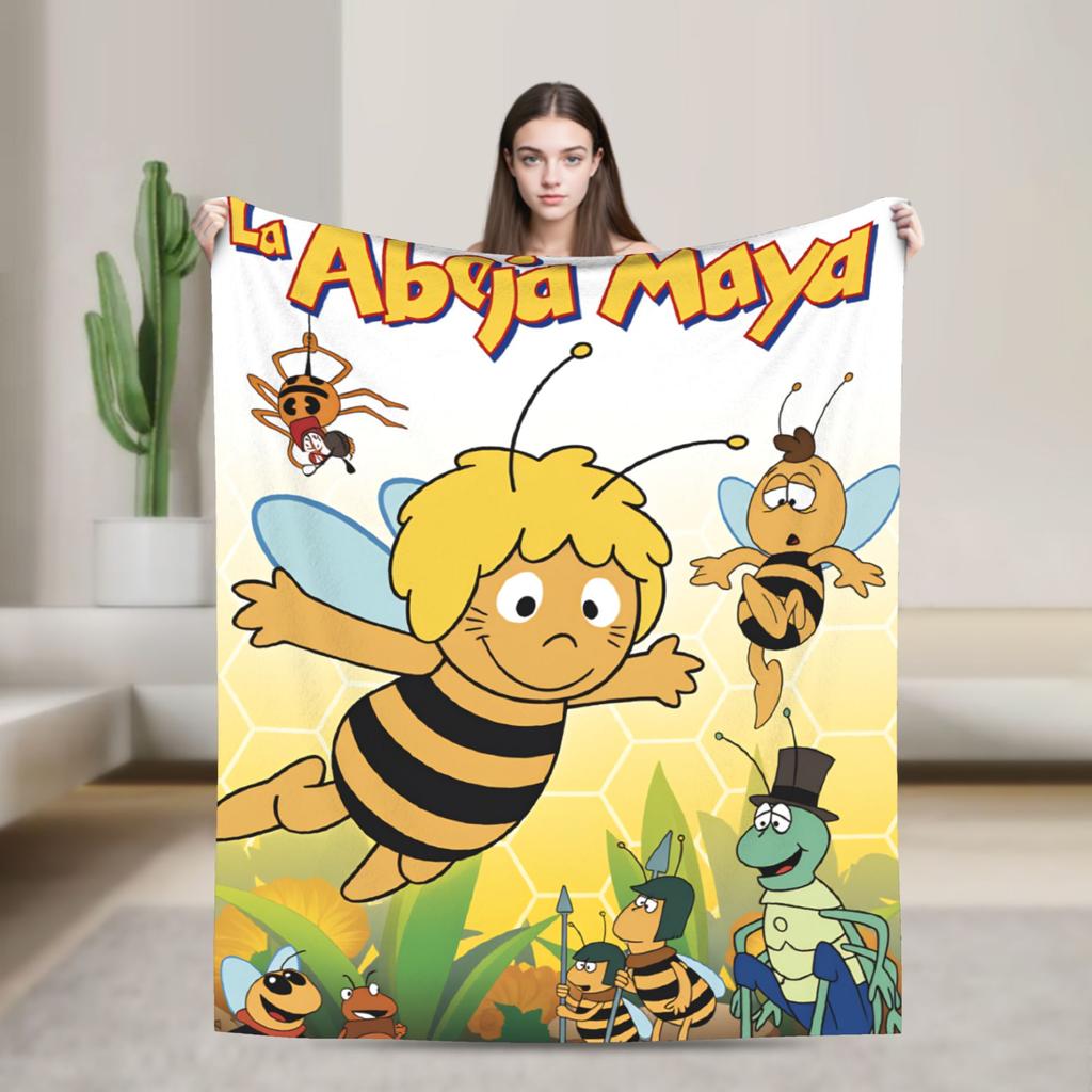 Maya The Bee With Flowers Blanket Cartoon Soft Comfortable Plush Throw Blanket For Couch Bed Camping Flannel Bedspread Bed Cover