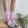 Fashionable Ruffle Mesh Splicing Ankle Socks with Bows Detail Breathable Elegant Solid Color Middle Tube Socks for Women