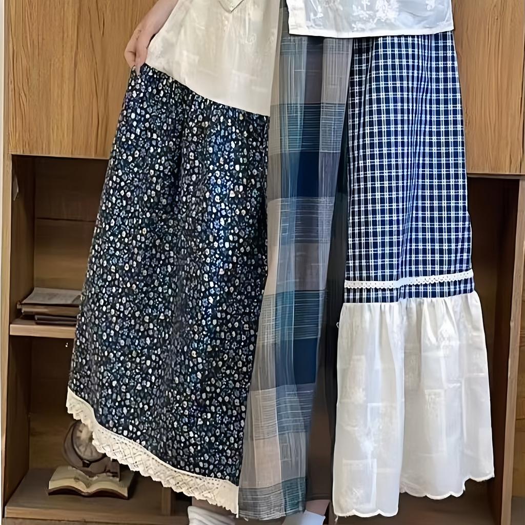 Dimanaf 2025 Summer Women New Linen Plaid Skirts Elastic Elegant Flower Pleated Skirts High Waist