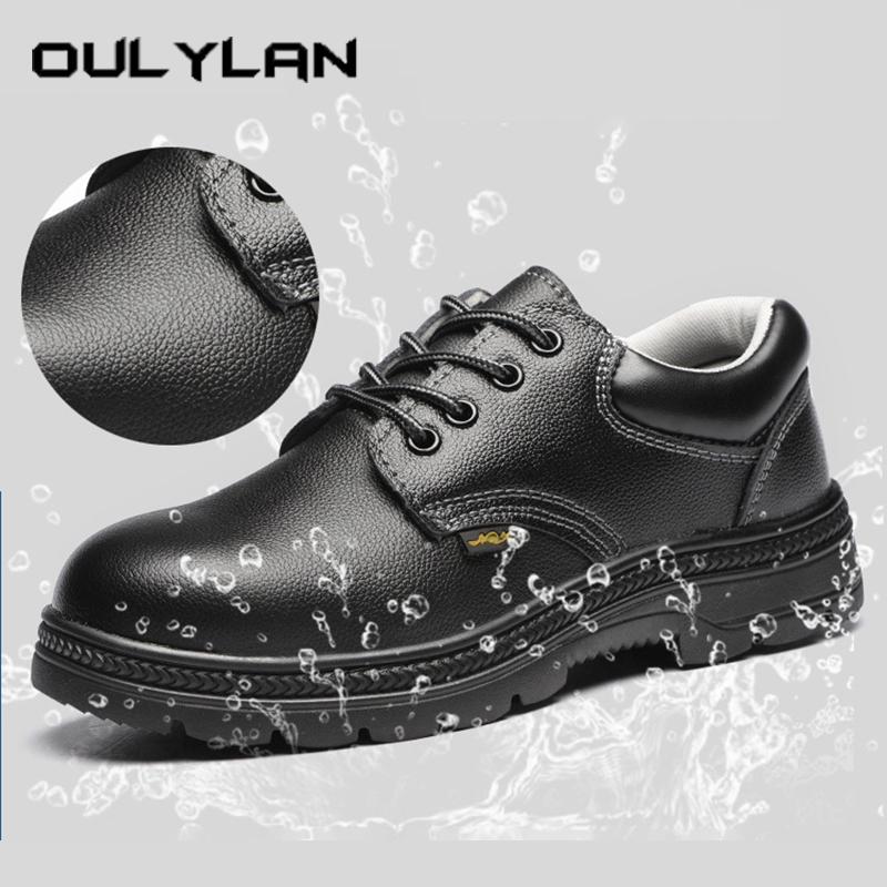 Oulylan Steel Toe Anti-smash Sneakers Men Anti Slip Safety Shoes Puncture Proof Lace Up Work Boots Male Cowhide Labor Footwear