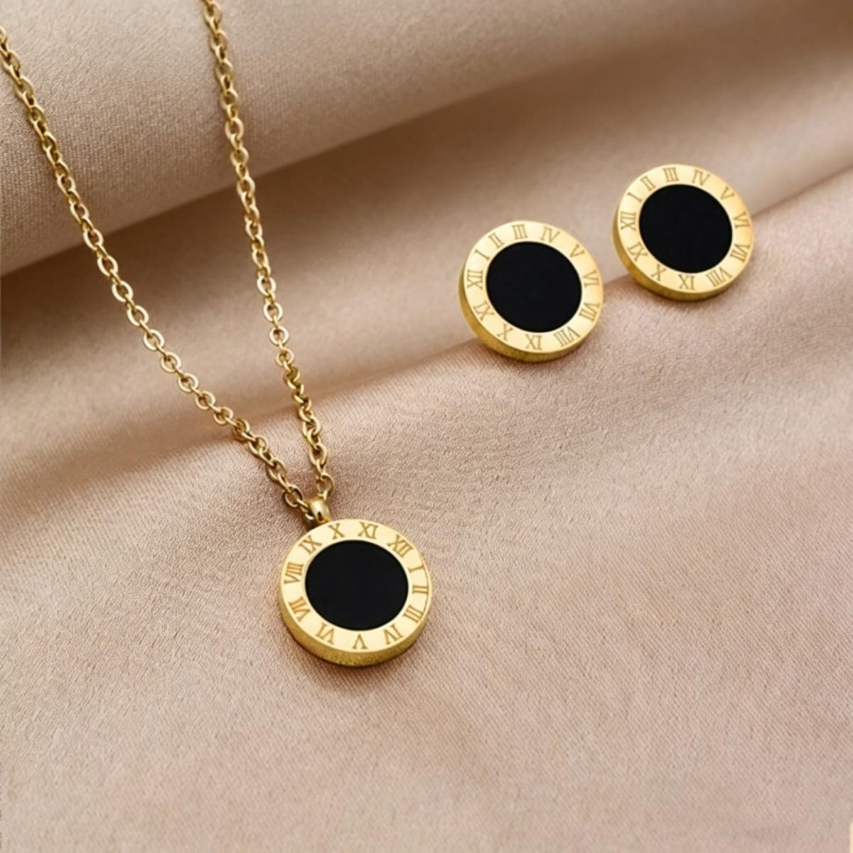 New Vintage Gold Roman Numeral Jewelry Set For Women Black Round Necklace Earrings Set Fashion Stainless Steel Jewelry
