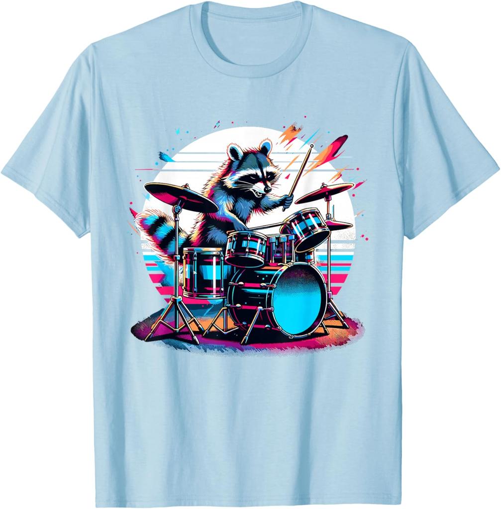 Raccoon Drummer Musician Retro Graphic TShirt Breathable Casual Cotton Tee