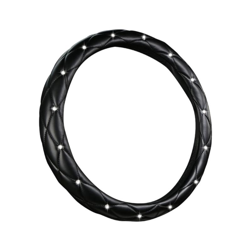 Leather Steering Wheel Cover Featurings Sparkling Rhinestones Studs for Enhanced Driving Comfort and Antislip