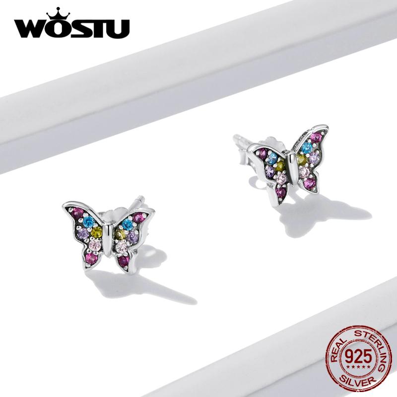 WOSTU 925 Sterling Silver Colorful Heart Stud Earrings Rainbow Unicorn Lightning Earrings For Women Fashion Silver Jewelry
