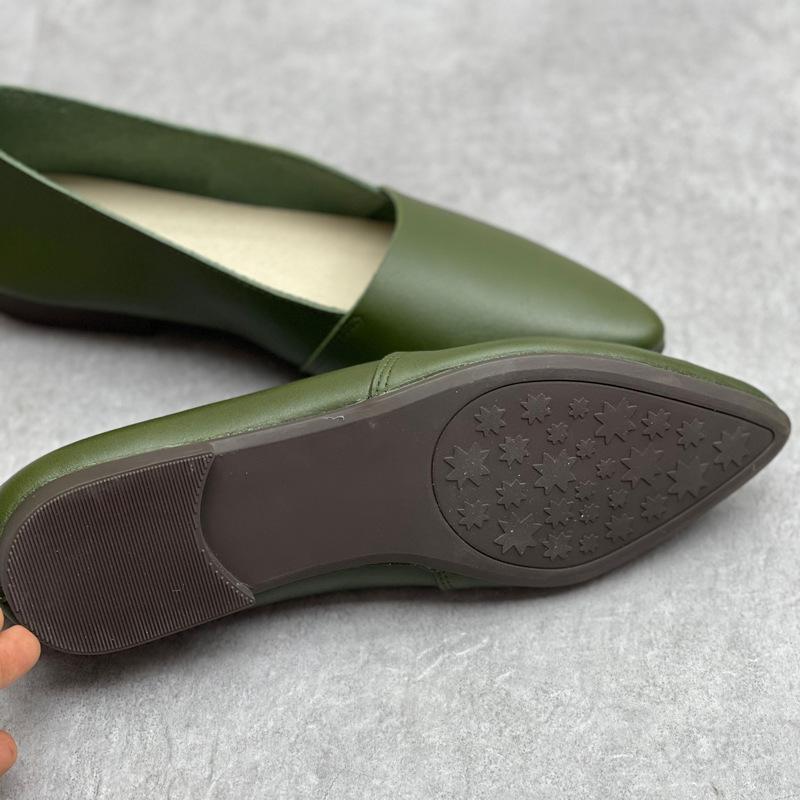 Johnature Sapatos baixos de couro legítimo feitos à mão, bico fino, sola macia, casuais, versáteis, femininos, sem cadarço