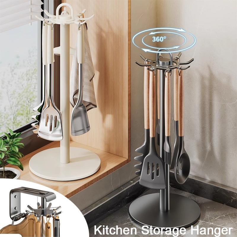 360° Rotating Kitchen Utensil Stand with 8 Hooks Countertop Cooking Utensils Storage Organizer Space-Saving Storage for Kitchen
