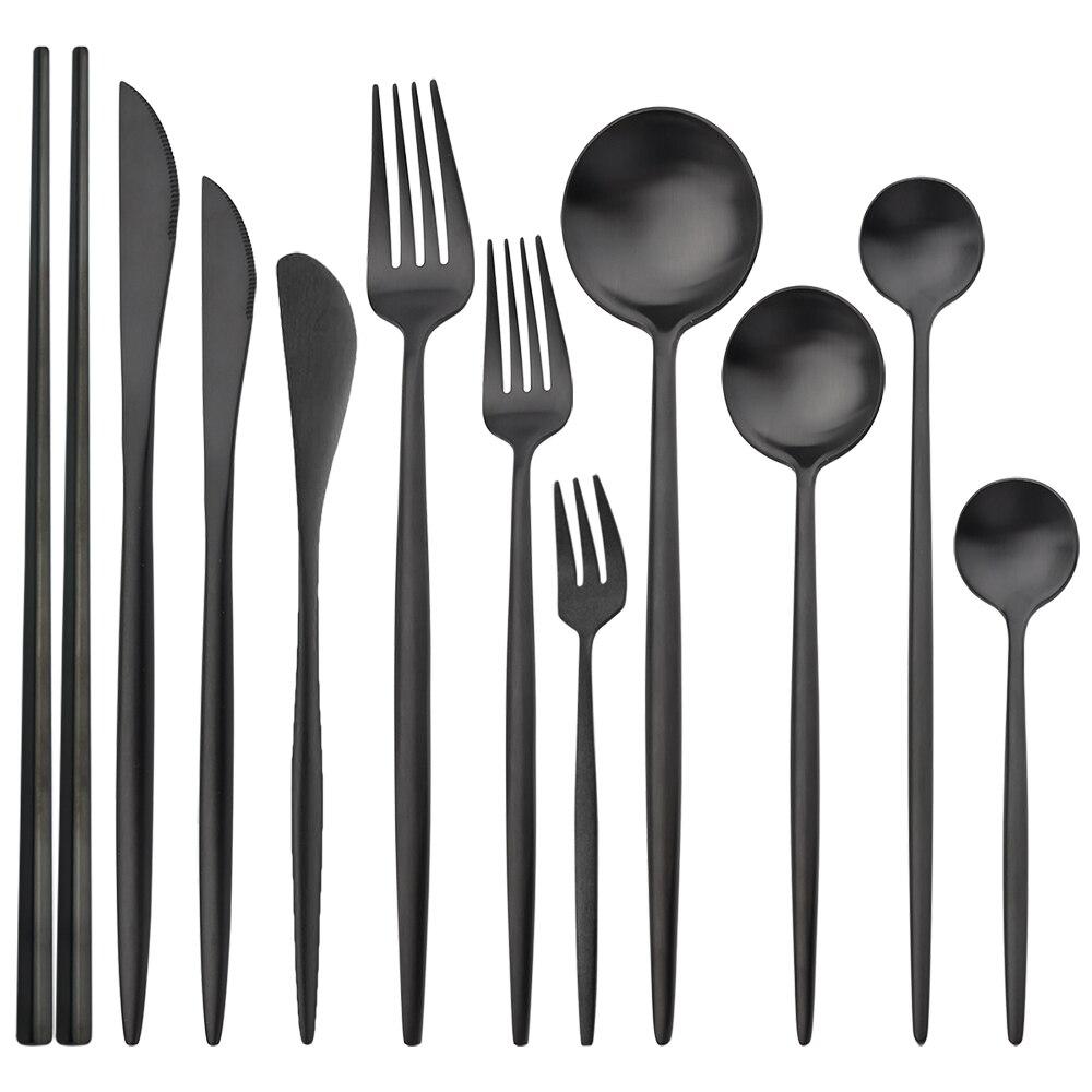 11 Pcs Black Gold Stainless Steel Tableware Cutlery Set 304 Spoon Knife Fork Flatware Set Silverware Kitchen Home Dinnerware Set