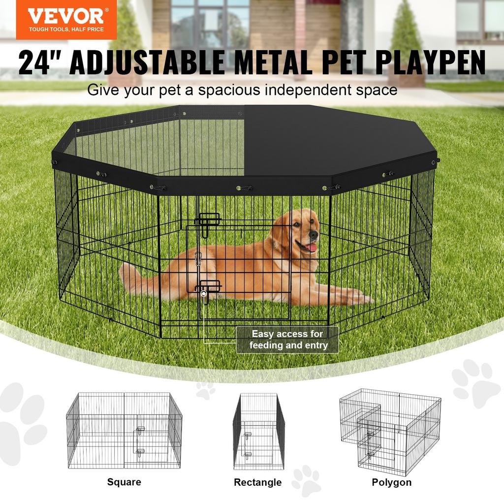 VEVOR Dog Playpen, 8 Panels Foldable Metal Dog Exercise Pen with Top Cover, 24" H Pet Fence Puppy Crate Kennel with Ground Stakes