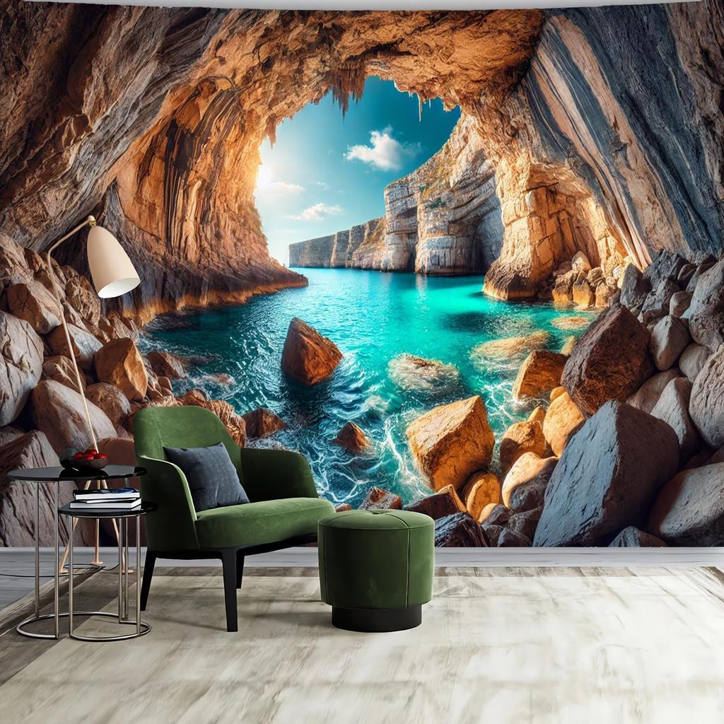 Sea Cave Tapestry Wall Hanging Blue Ocean Sea Scenic Tapestries Seagull Nature Landscape Beach Island Large Wall Tapestry for