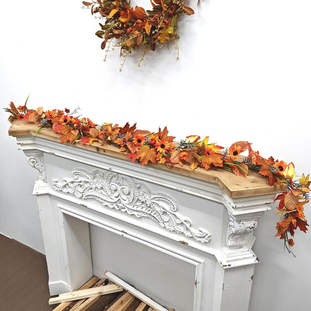 Autumn Leaves Garland 5.9ft Artificial Home Decor Pumpkin Leaves Fall Garland Outdoor Decor For Party Fireplace Front Door Patio
