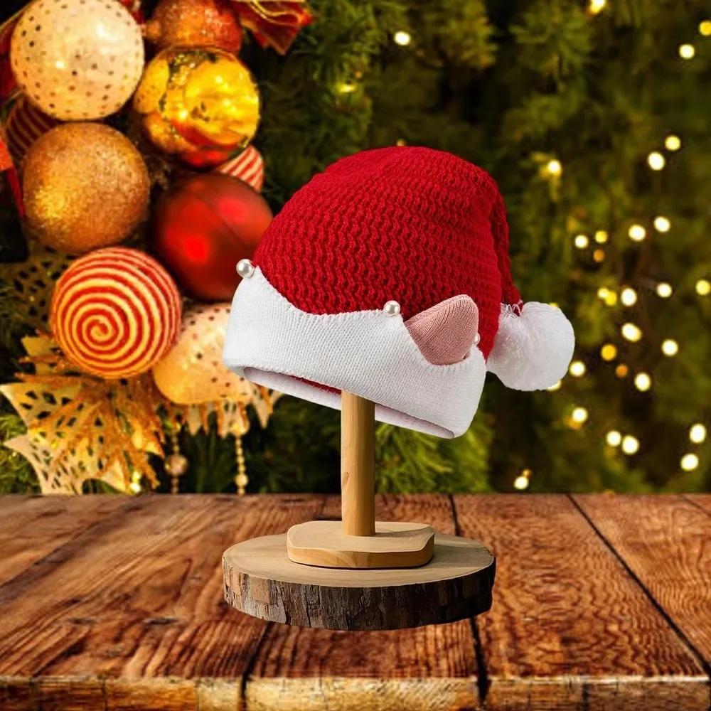 Christmas Holiday Gift Striped Pattern Christmas Hat Jacquard Wool Ball Xmas Cap with Small Ears Knitted Knitted Hat Winter