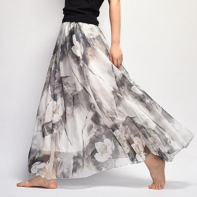 Damen Sommer Chiffon Rock Lang Übergröße Rock Böhmisch Floral Großer Schwung Weiblicher Strandrock Langer Rock Damen A-Linien Rock