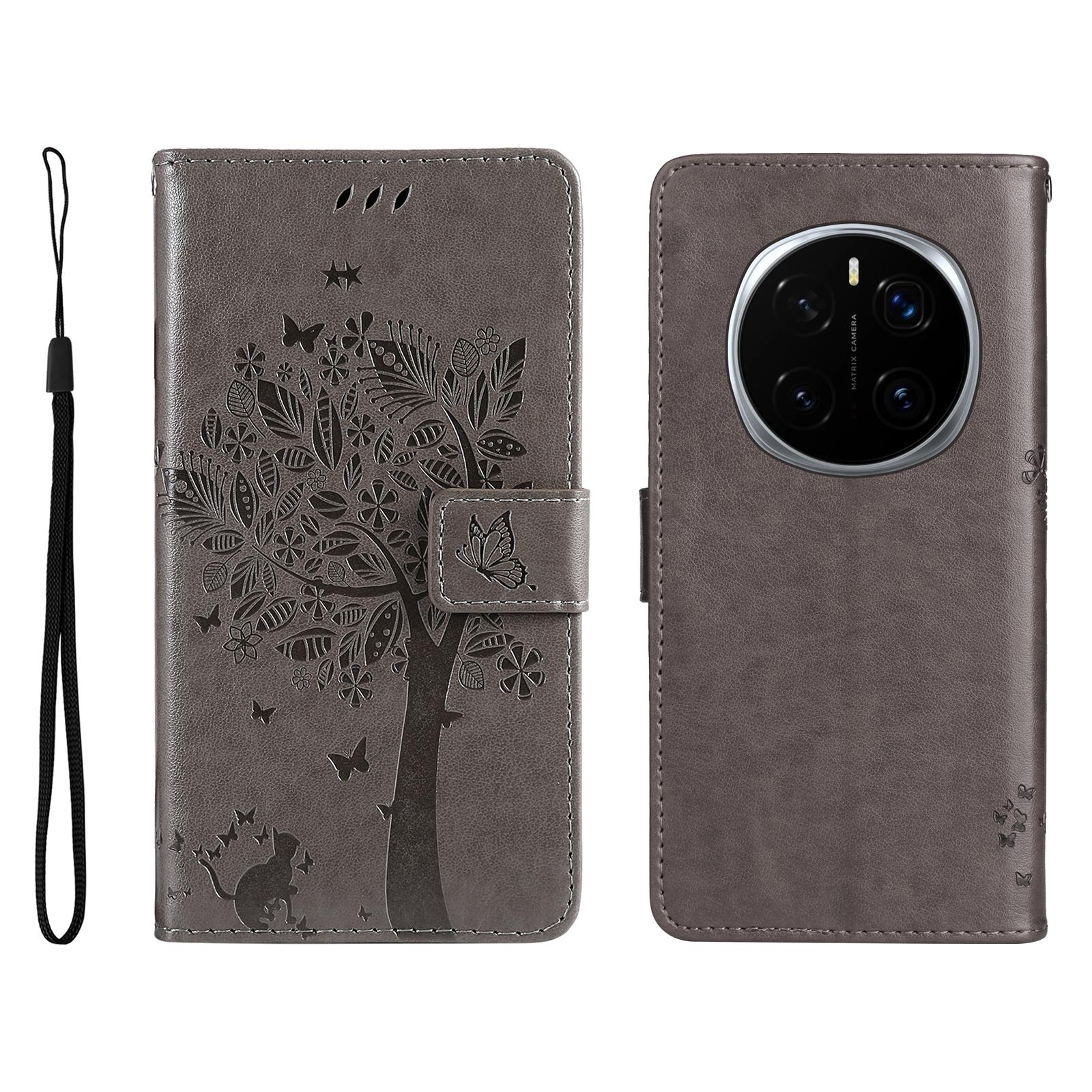 

For Honor Magic7 Pro 5G Phone Case with Stand Cat Tree Pattern Leather Wallet Mobile Cover Red