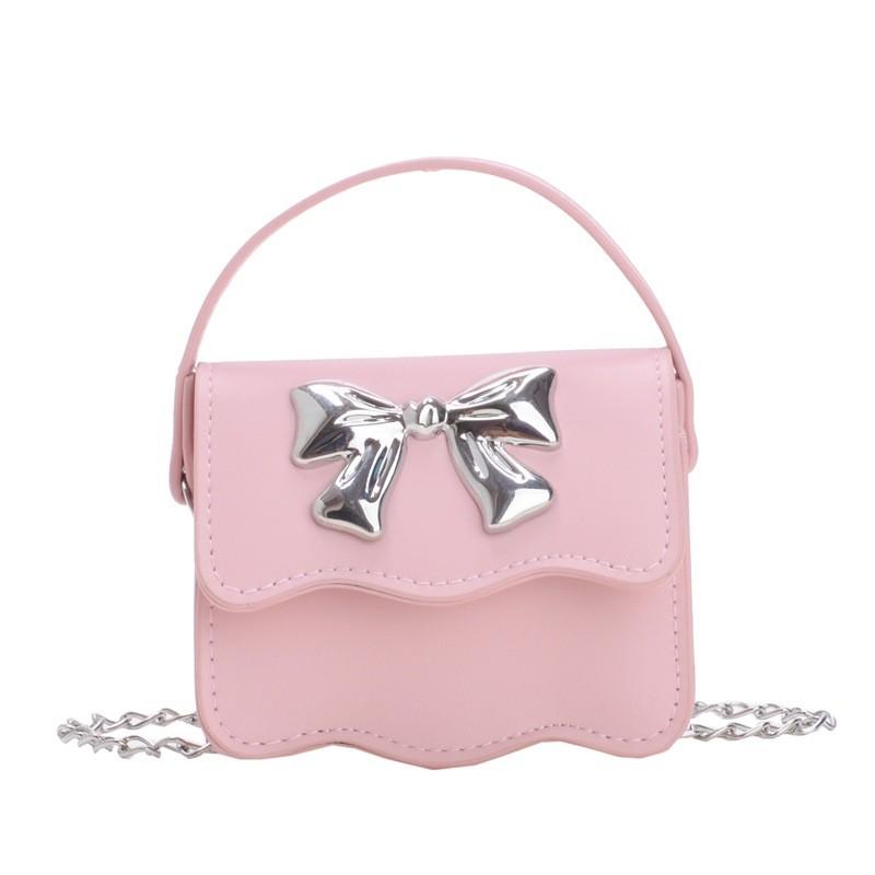 Cute Color Solid Silver Bow Decoration Kid Mini Shoulder Chain Bag Daily For
