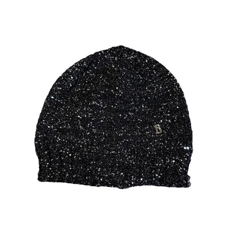 Sequined Knitted Fashion Hat With Bow And Letter Decorations For Casual Daily