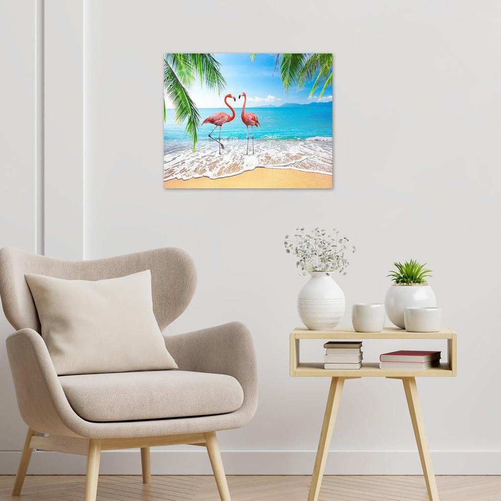 LB Pink Flamingo Beach Wall Art for Bathroom Tropical Green Palm Leaf Canvas Wall Art Wall Paintings Home Decor Blue Ocean Wall Pictures for Living