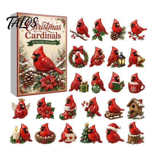Christmas Tree Holiday Decorations Acrylic Advent Calendar Box with 24 Bird Themed Hanging Ornaments, Countdown Festive Decoration for Home Window And