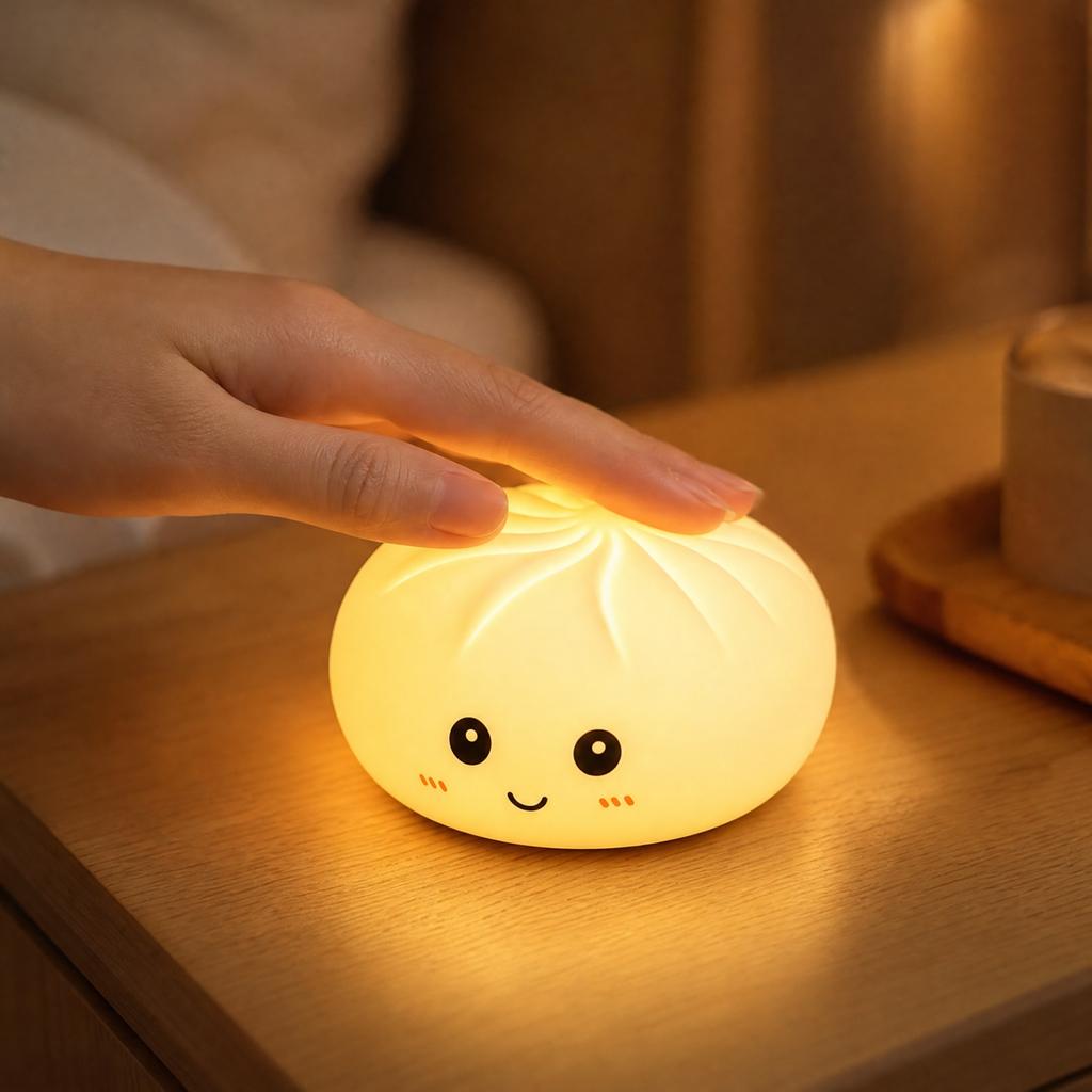 Soft Silicone Night Light, Cute Bun-Shaped Dimmable Bedside Lamp for Bedroom Nursery