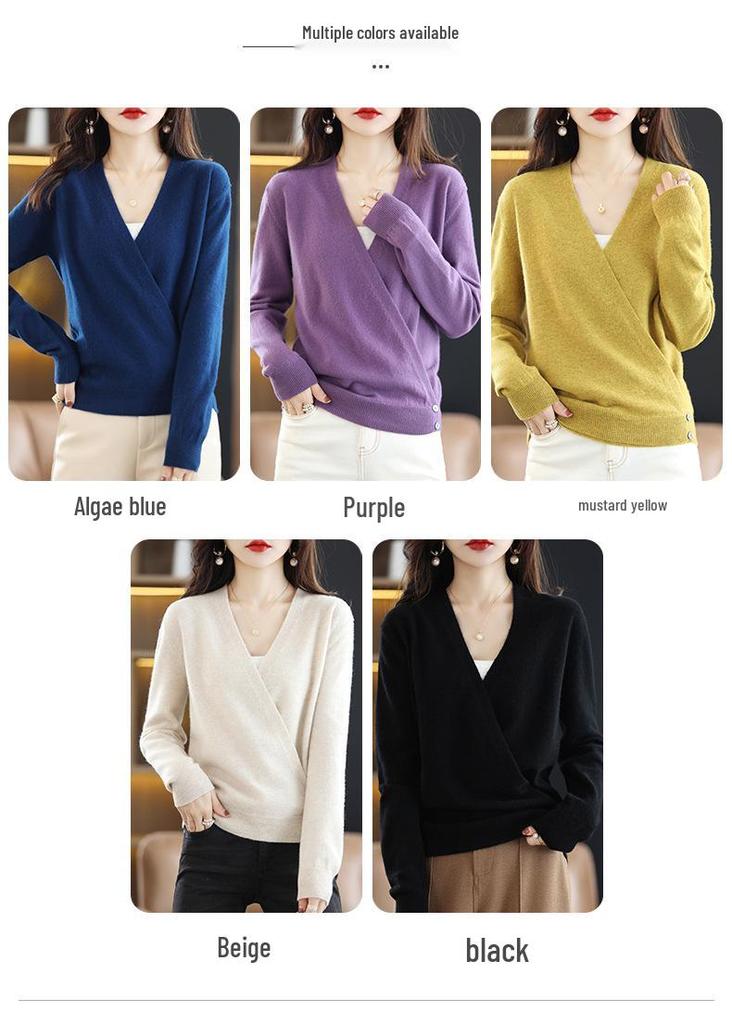 Women's Spring V-Neck 100% Wool Knit Cardigan - Long Sleeve, Short Style Sweater