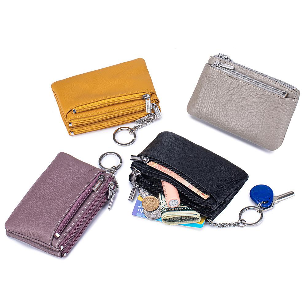 Fashion Women's Genuine Leather Coin Purses Mini Pouch Change Wallets 3 Zippered Change Pouch Wallet with Key Ring for Women
