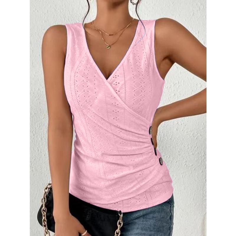 QICED Women's Fashion Casual Solid Color Print V-Neck Sleeveless  Blouses & Shirts