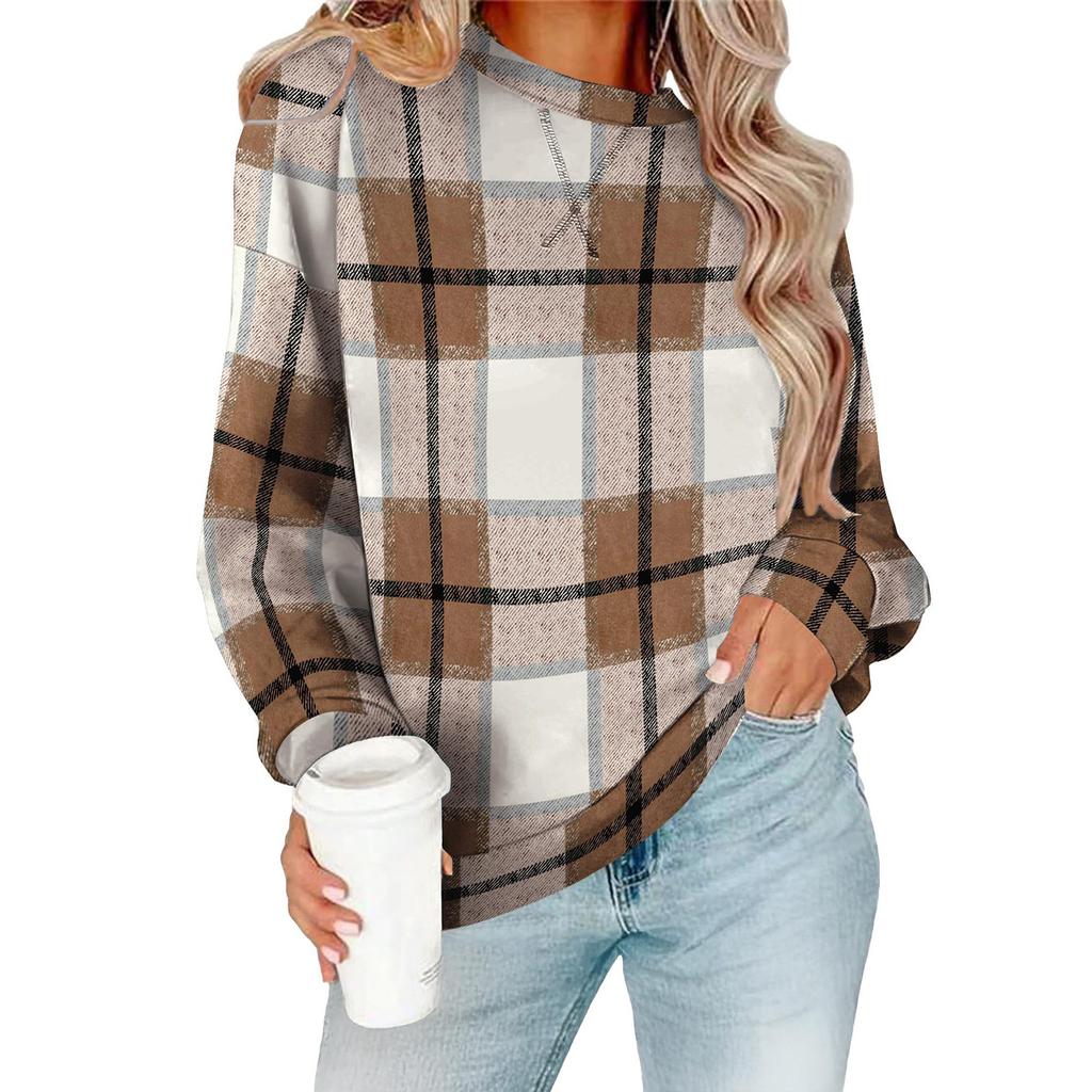 Women's Loose Plaid Pullover Sweatshirt, Long Sleeves, Neck Top