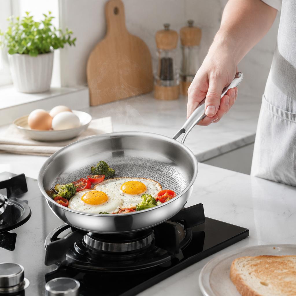 20cm Stainless Steel Nonstick Frying Pan Hammered Texture Surface with Ergonomic Handle for Even Heating Cooking