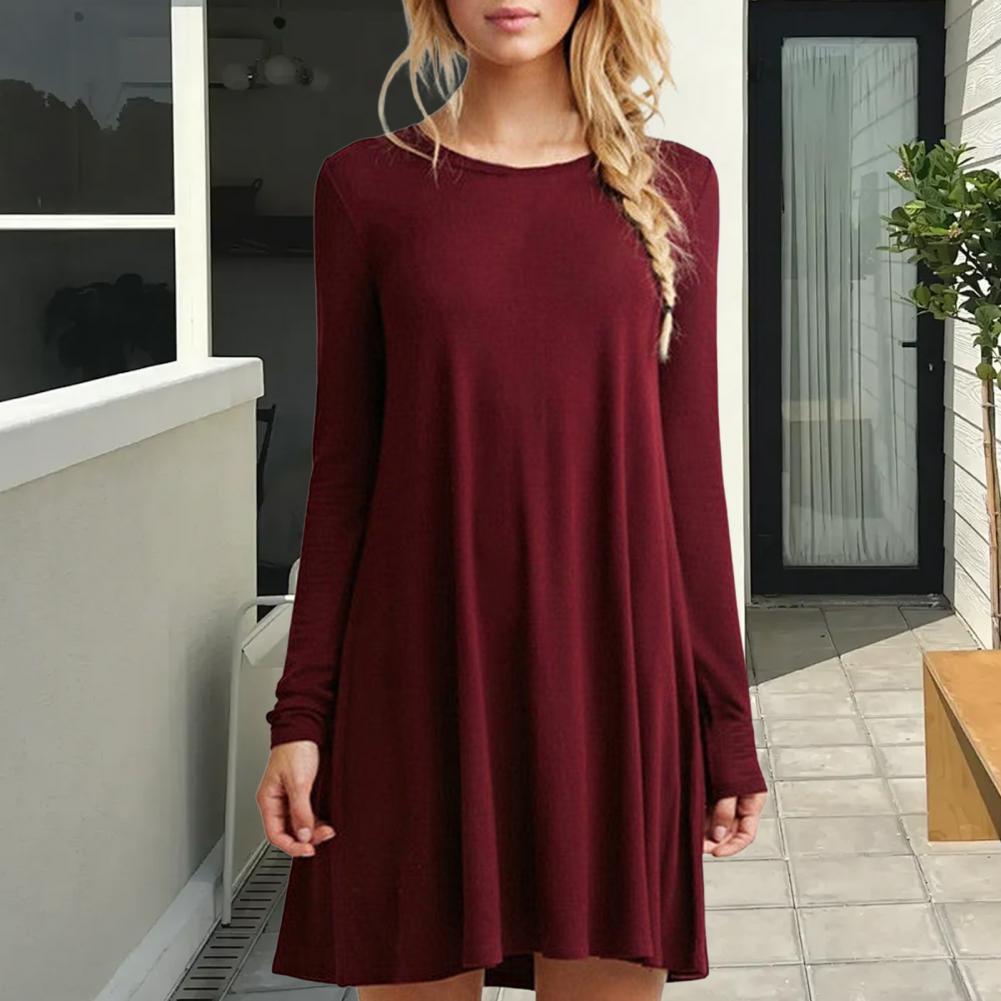 Fall Spring Women Dress Round Neck Loose Long Sleeves Pure Color A-line Pleated Mini Dress Casual Daily Wear School Work Short D