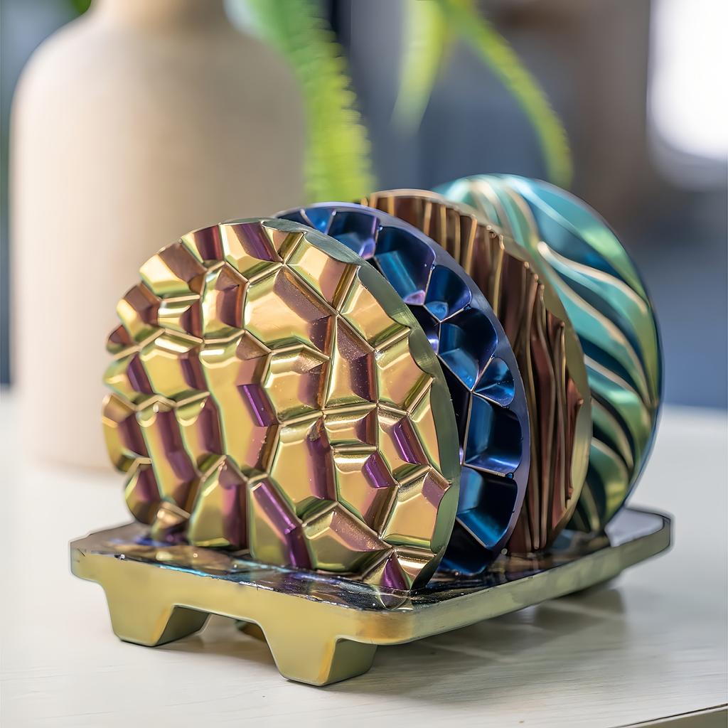 5 ks Pryskyřičná forma na podtácky, 4 ks Unikátní kulatá forma na pryskyřici s vlnami na podtácky, Epoxidová pryskyřice Lití Různé vzory s držákem, Silikonové formy na podtácky