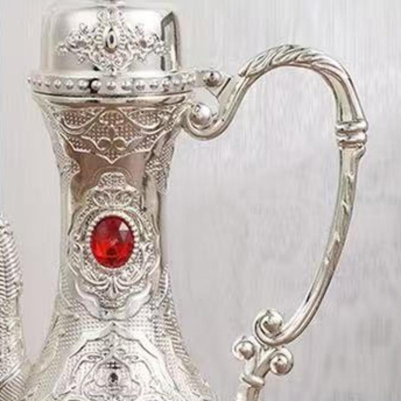 Wine Set, Silver Alloy Inlaid Gem Home Wine Pot Wine Glass Set,Red Vintage Wine Cup Glass,Wine Pot Wedding Decoration,1Set