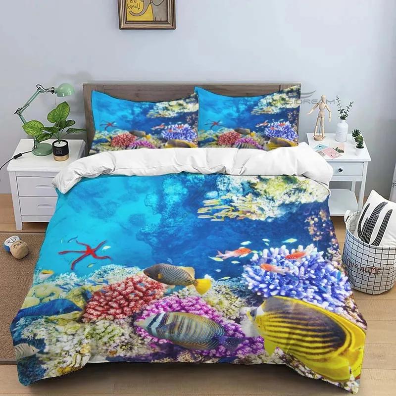 Ocean World Marine Life Art Pattern Comforter Bedding Set,Duvet Cover Bed Set Quilt Cover Pillowcase,King Queen Size Bedding Set