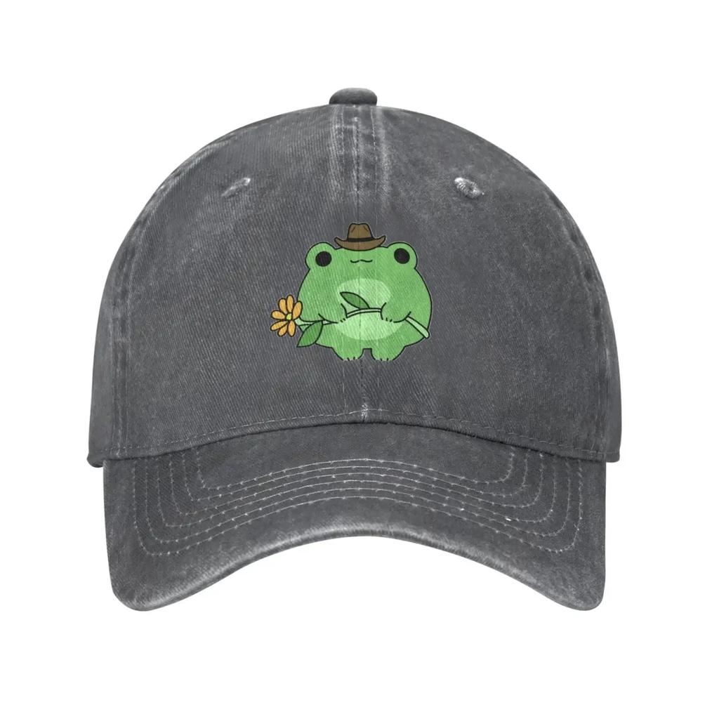 Cute Frog Flower Adjustable Washed Denim Cotton Low Profile Man Dad Trucker Hat Fitted Baseball Ball Cap for Men Unisex Headwear