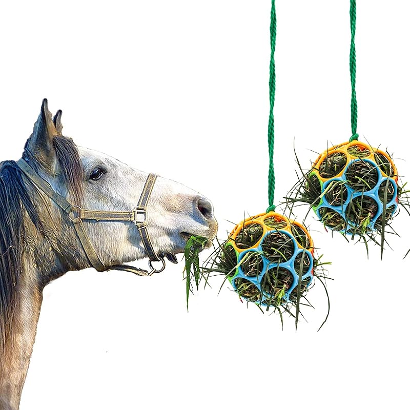 Besimple 2 Pack Horse Treat Ball Hay Feeder Toy, Goat Feeder Ball Hanging Feeding Toy for Horse Goat Sheep Relieve Stress (Colorful) Colorful