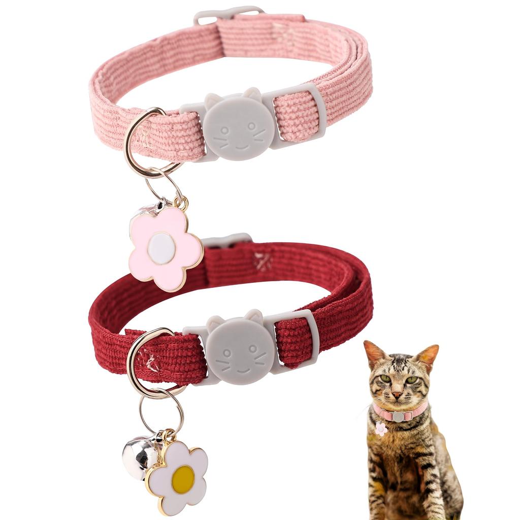 Lovely Corduroy Cat Dog Collar with Bell Flower Adjustable Breakaway Safety Buckle Pet Necklace for Small Medium Dogs Kittens