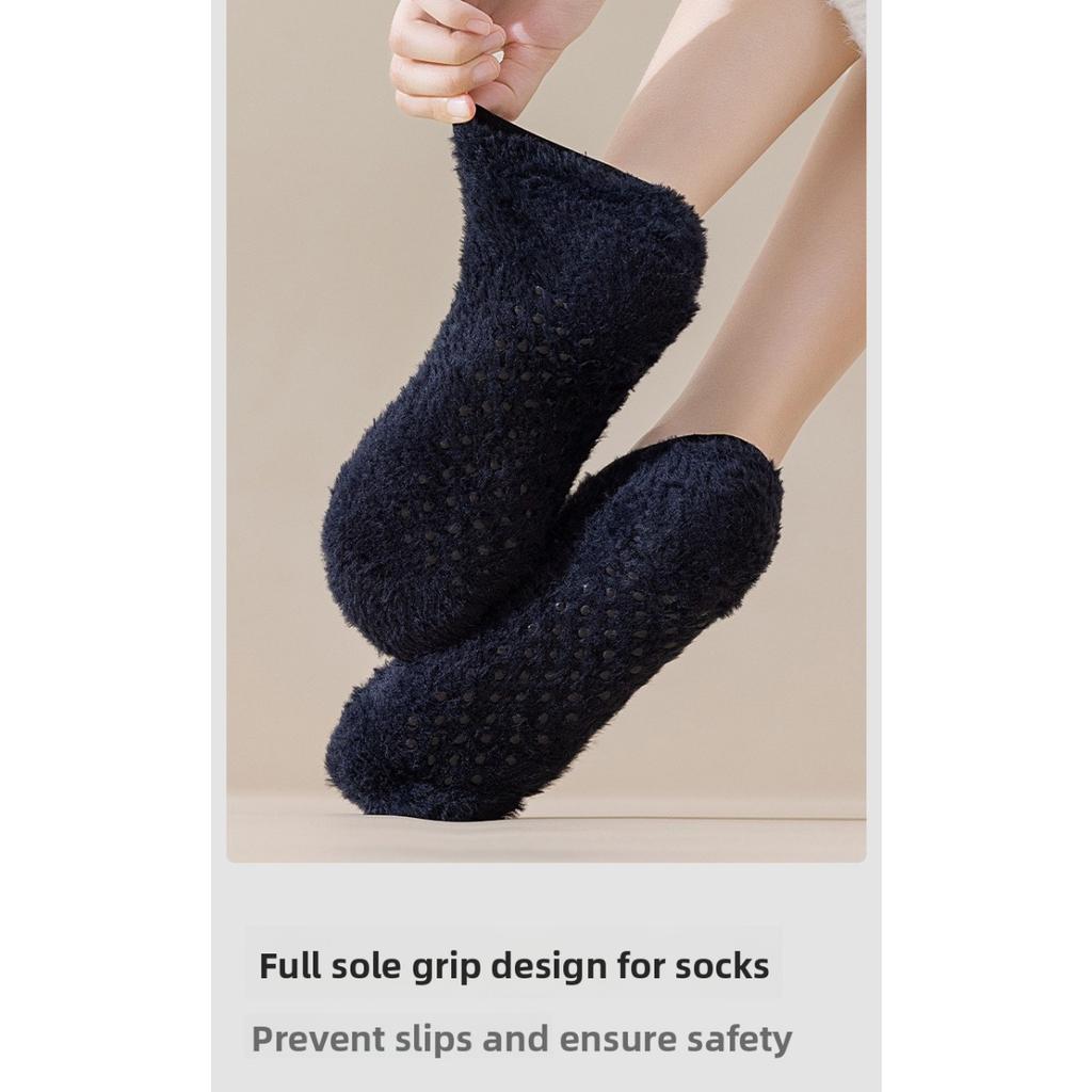 5-1 Pairs Winter Thick Coral Fleece Floor Socks, Men's and Women's Home Anti Slip Socks, Solid Color Boat Socks, Autumn and Winter Sleep Socks