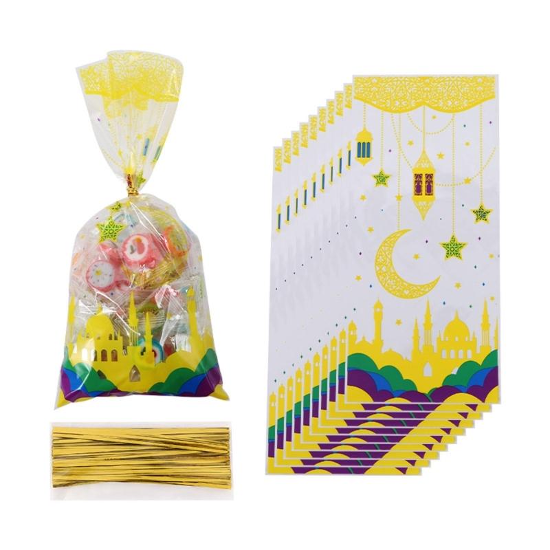 100pcs Eid Mubarak Gift Bags with Rope Moon Stars Biscuits Packaging Holder
